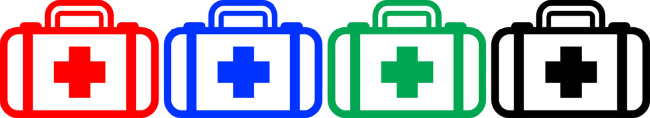 Obraz premium First aid kit icons in red blue green and black colors on transparent background simple