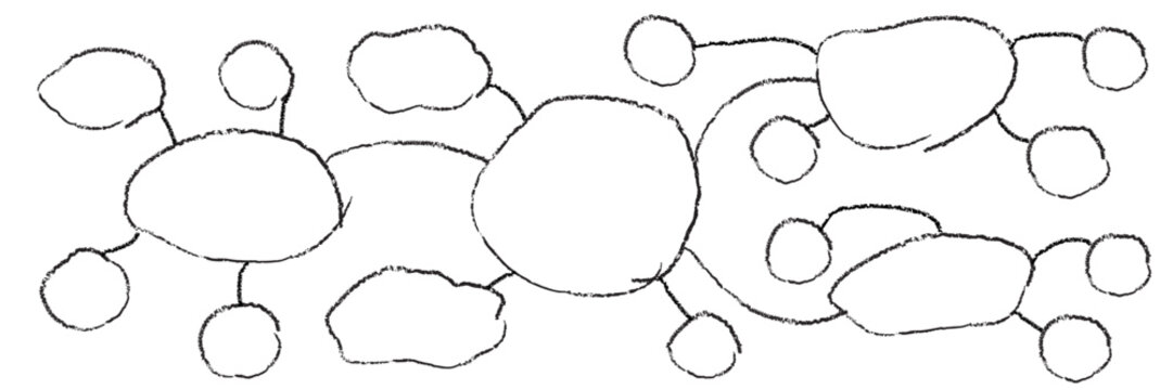 Handdrawn black crayon flowchart or a mindmap on white bg. Several connected bubbles connected with lines on white board. Sketch of a diagram in doodle style. Vector illustration