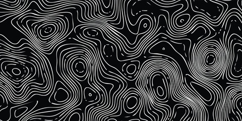 Dark topography pattern with layered white isolines creating abstract terrain structures, clean vector texture. © MOH