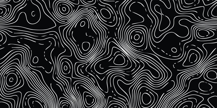 Abstract black landscape linework, smooth white altitude curves forming irregular terrain rings across the surface.