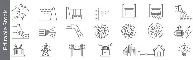 Hydroelectric power and energy generation icon set &ndash; editable outline symbols of dam, water, river, flow, turbine, generator, transmission, renewable energy and electricity