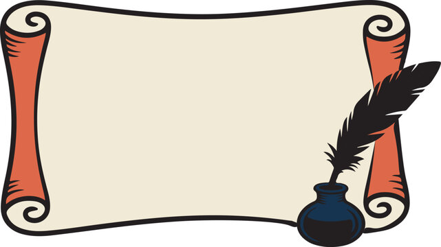 An old blank parchment scroll unfurled with a classic black feather quill and an inkwell
