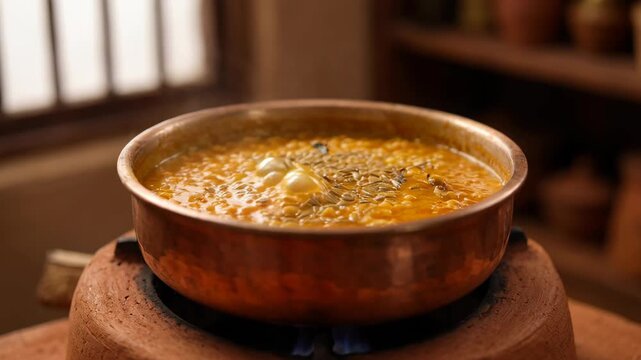 Traditional Indian Dal Cooking in Copper Pot with Spices and Heritage Ambiance for Festive Celebrations