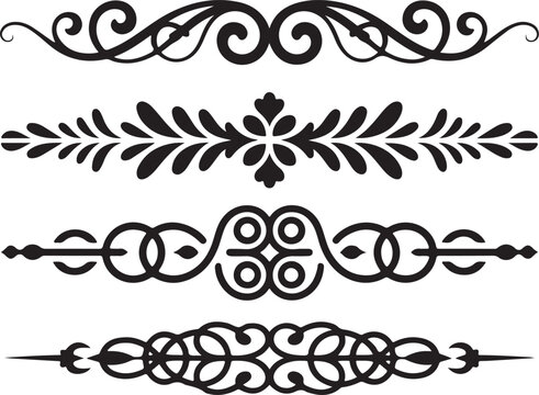 Four elegant black ornamental dividers featuring classic scrollwork and leaf patterns for text separation