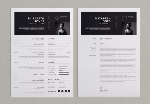 Black and White Resume and Cover Letter Layout