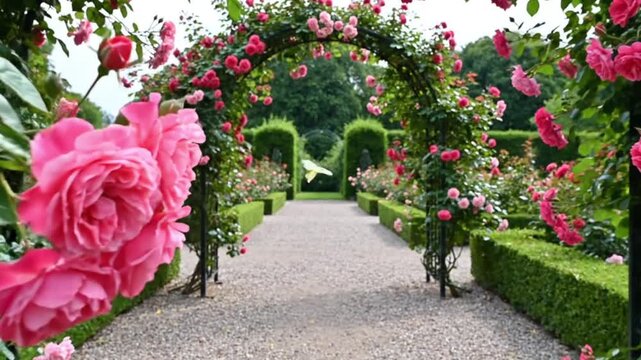 Beautiful garden pathway with pink roses and greenery on either side leading to a serene outdoor space with manicured hedges and flowers