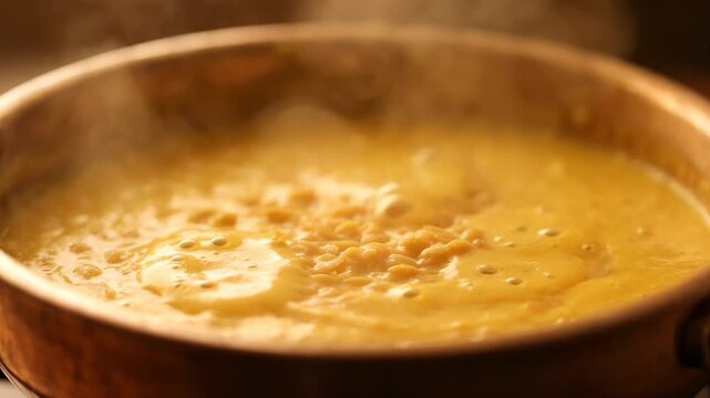 Traditional Indian Dal Cooking in Copper Pot with Lentils and Spices for Festive Meal Preparation