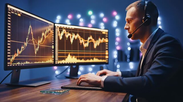 Trader analyzes stock market charts on dual monitors with headset. Businessman studies financial data graphs. Trader monitors stock charts at desk. Market analysis with trading charts on computer.