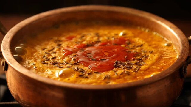 Traditional Indian Dal Cooking in Copper Pot with Spices and Tomato for Festive Meal Presentation