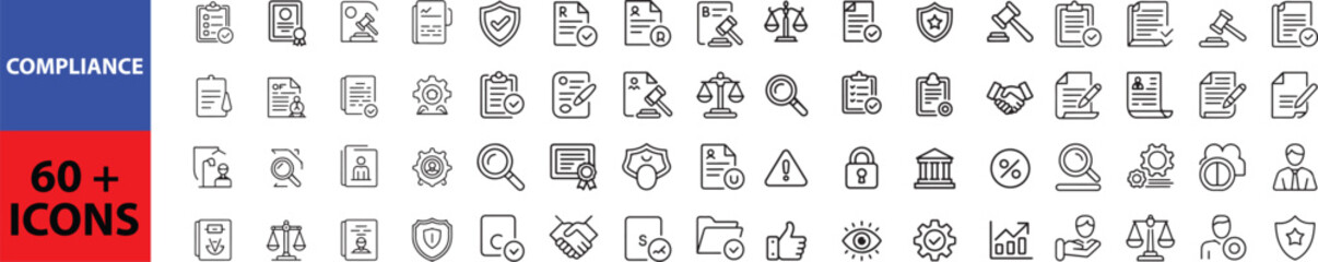 Compliance web icons in line style. Regulations, policy, legal document, quality control, responsibility, law. Editable stroke. Outline icon in linear style