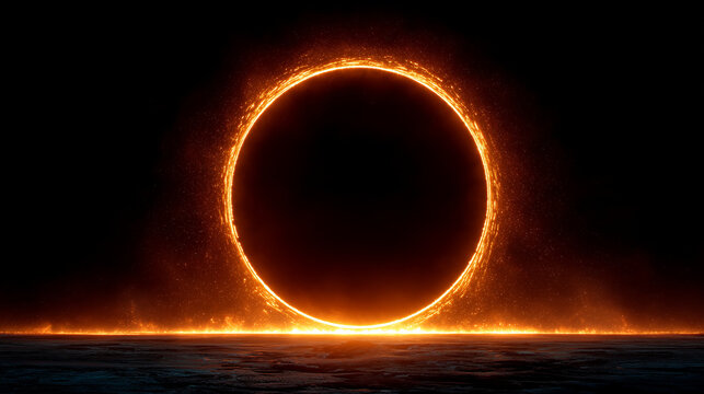 A vibrant orange fiery ring portal glowing intensely on a dark background with embers on the ground.