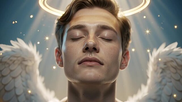 Closeup of a serene man with angel wings and a halo bathed in divine light embodying peace and spirituality.