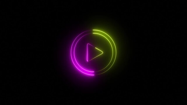 Play button icon neon glowing blue animation on a black background. neon music play button icon animation.