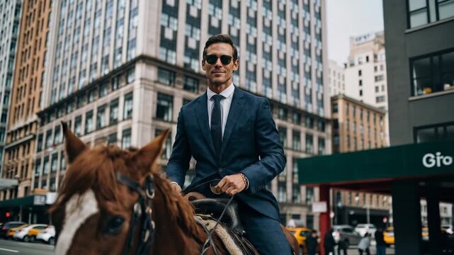 Confident businessman riding horse through city street merging tradition and modern leadership symbolizing power ambition and unconventional executive journey