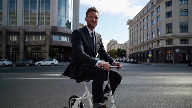 Businessman riding compact bicycle through city street blending corporate professionalism with unconventional mobility and urban efficiency