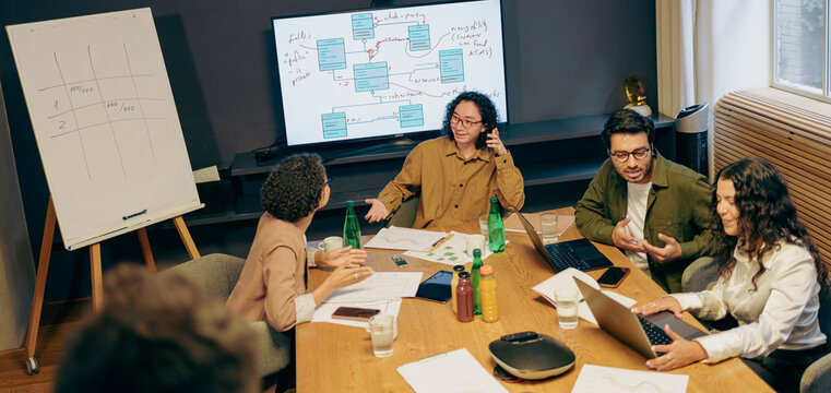 Group Strategizing Collaboratively, Collaborative Team Reviewing Project Timelines And Presentation Charts