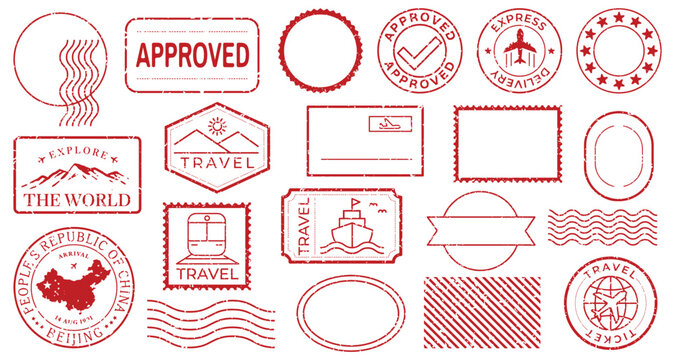 Vintage travel-themed stamp designs illustration vector set.