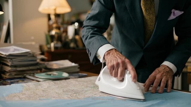 Businessman carefully ironing world map on table suggesting global strategy international expansion careful planning market preparation and corporate attention to detail