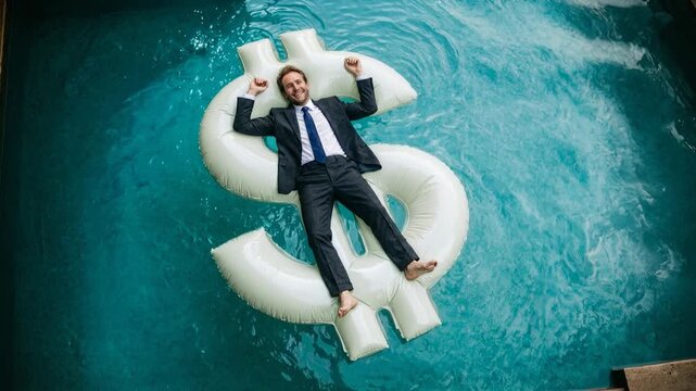 Relaxed executive floating on inflatable dollar sign in turquoise pool symbolizing financial freedom investment success wealth management prosperity and carefree lifestyle