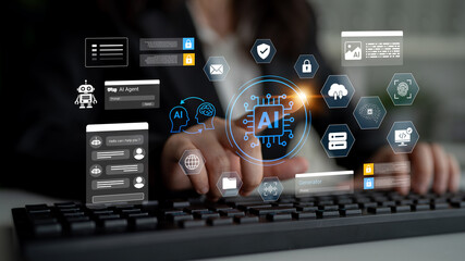 Focus on innovative AI technology showing interaction with digital tools and security features,...