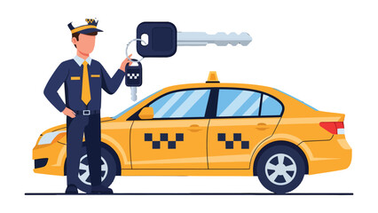 Taxi Service Icon: A uniformed driver with a set of keys stands beside a sleek yellow taxi, signaling the start of a journey or service. A perfect blend of convenience and mobility. © abidakhatun