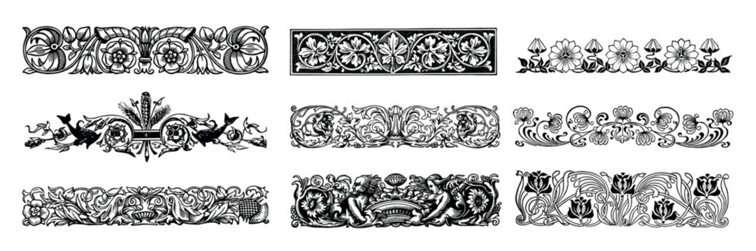Vintage floral decorative border designs element vector set