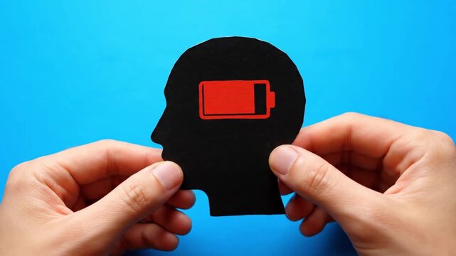 Hands Holding Human Head Silhouette with Low Battery Symbol Representing Mental Exhaustion and Burnout