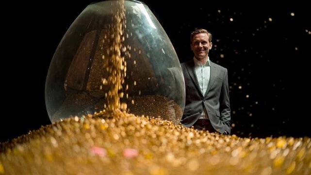 Business figure standing near giant hourglass filled with golden sand emphasizing time value urgency long term investment patience strategic planning and wealth management