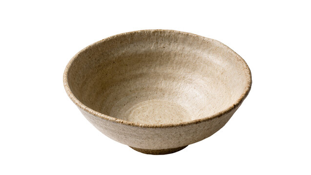 Isolated handcrafted artisan ceramic bowl in natural beige tone with unique rustic texture.