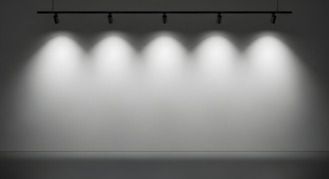 Spotlights casting dramatic shadows on a plain white wall in an art gallery setting