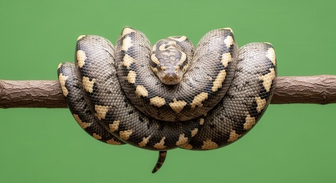 Close-Up of a Coiled Ball Python Snake Resting on a Branch Against Green Background