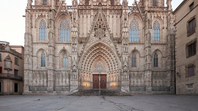 Barcelona Cathedral facade in Gothic Quarter with ornate medieval stone entrance
