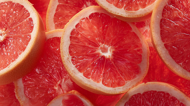 Pattern of fresh grapefruit slices arranged in circular composition