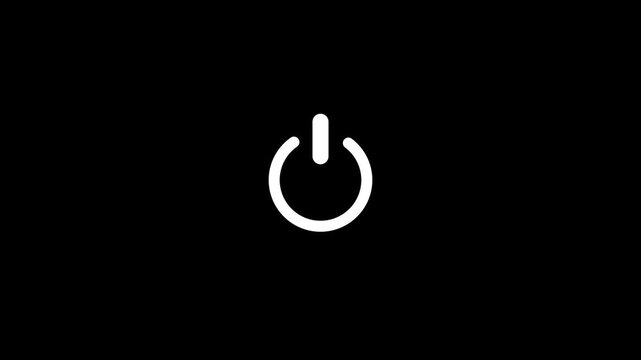 A simple white power button symbol is centrally displayed against a stark black background, representing the universal for turning devices on or off. Keywords: power, button, symbol, white, black