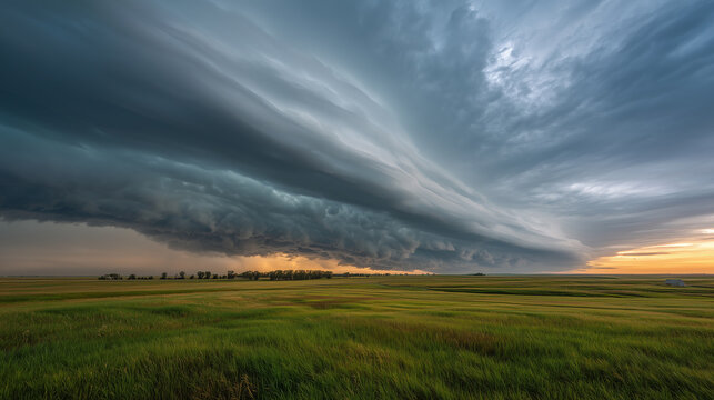 Large storm clouds forming over green meadow landscape