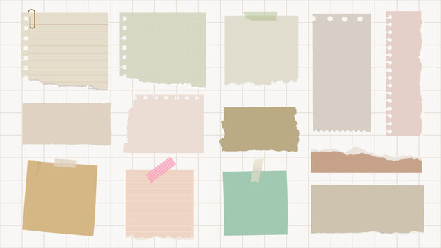 Collection of torn paper notes, various colors and textures. Torn paper, notes, and textures create a vintage, crafty feel. Ideal for scrapbooking or design. Stationery element vector set.