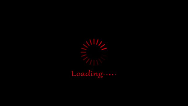 A red loading spinner with radiating segments is shown above the word Loading with ellipses, all in red against a black background, indicating a process is underway. Keywords: loading, spinner