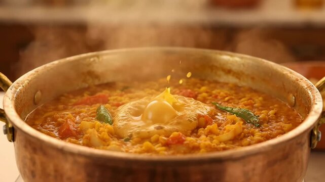 Traditional Indian Dal Simmering in Copper Pot with Fresh Ingredients and Aromatic Spices for Festive Meal