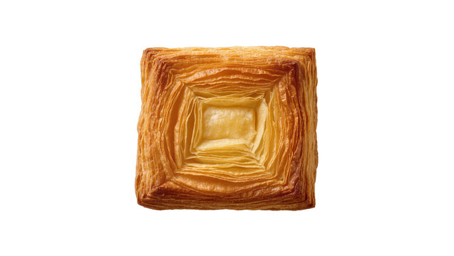 Isolated delicious golden brown flaky square puff pastry on a pristine studio shot, top view.