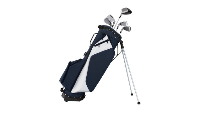 Isolated classic blue and white golf stand bag with a full set of modern golf clubs