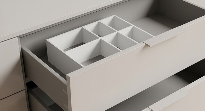 Open Drawer with White Organizer Tray for Jewelry or Accessories, Modern Minimalist Furniture Mockup for Storage Solutions and Home Organization, Clean Product Template