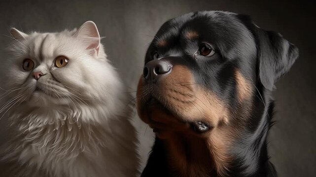 Clean composition featuring a Persian Cat and Rottweiler Dog in a soft neutral palette, Fluffy cat and loyal dog face the camera together. Their eyes meet with quiet curiosity and calm focus. Soft fur