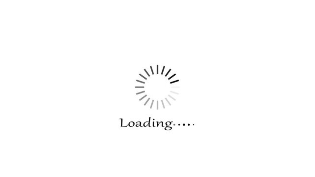 A minimalist white background a circular loading indicator with segmented bars gradually filling with dark gray and black, accompanied by the text Loading....." in a serif font, suggesting a