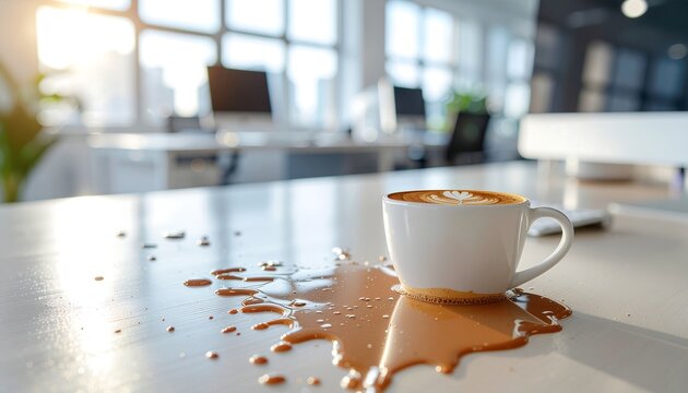 Spilled coffee on an office desk, a classic April Fool's Day prank or a clumsy start to the workday