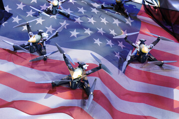 Naklejka premium Military drones armed with bombs with United states Flag