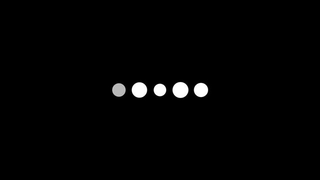 A dark black background a horizontal row of five white circles of varying sizes, with the leftmost circle a lighter shade of gray, indicating a loading or progress sequence with distinct visual