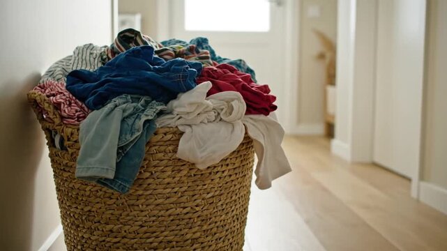 Large Woven Laundry Basket Overflowing with Colorful Clothes in a Bright Modern Home Hallway Interior Scene