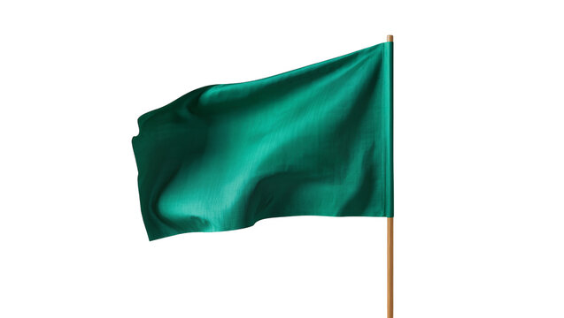 Isolated green flag waving on a wooden pole, vibrant fabric flying dynamically in the wind