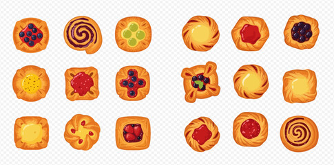 Set of delicious danish pastries with various fruit and berry fillings, top view illustration. © MuammarAuliyan