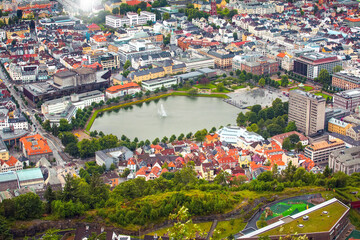 Fototapeta premium Bergen, Norway aerial view with colorful houses